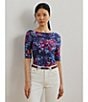 Lauren Ralph Lauren Printed Stretch Cotton Boat Neck Elbow Sleeve T-Shirt, Color:Blue Multi - Image 6