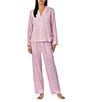 Color:Pink Stripe - Image 1 - Sateen Striped Long Sleeve Notch Collar Long Pant Pajama Set