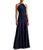 Color:Refined Navy - Image 1 - Satin Charmeuse Halter Gold Neck Pleated Waist Sleeveless Gown