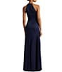 Color:Refined Navy - Image 2 - Satin Charmeuse Halter Gold Neck Pleated Waist Sleeveless Gown