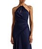 Color:Refined Navy - Image 3 - Satin Charmeuse Halter Gold Neck Pleated Waist Sleeveless Gown