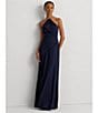 Color:Refined Navy - Image 4 - Satin Charmeuse Halter Gold Neck Pleated Waist Sleeveless Gown