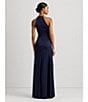 Color:Refined Navy - Image 5 - Satin Charmeuse Halter Gold Neck Pleated Waist Sleeveless Gown