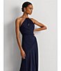 Color:Refined Navy - Image 6 - Satin Charmeuse Halter Gold Neck Pleated Waist Sleeveless Gown
