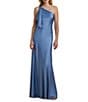 Lauren Ralph Lauren Satin One Shoulder Neck Sleeveless Ruffle Drape Detail Column Gown, Color:Sky Blue - Image 1