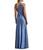 Lauren Ralph Lauren Satin One Shoulder Neck Sleeveless Ruffle Drape Detail Column Gown, Color:Sky Blue - Image 2