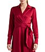 Color:Red - Image 3 - Satin Point Collar Side Sash Long Sleeve Faux Wrap Midi Dress