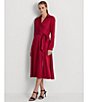 Color:Red - Image 4 - Satin Point Collar Side Sash Long Sleeve Faux Wrap Midi Dress