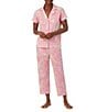 Color:Pink Paisley - Image 1 - Short Sleeve Notch Collar Capri Pant Knit Paisley Pajama Set