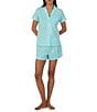 Color:Turquoise Stripe - Image 1 - Short Sleeve Notch Collar Embroidered Chest Pocket Woven Striped Shorty Pajama Set