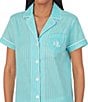 Color:Turquoise Stripe - Image 3 - Short Sleeve Notch Collar Embroidered Chest Pocket Woven Striped Shorty Pajama Set