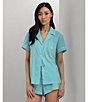 Color:Turquoise Stripe - Image 4 - Short Sleeve Notch Collar Embroidered Chest Pocket Woven Striped Shorty Pajama Set