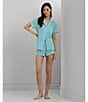 Color:Turquoise Stripe - Image 5 - Short Sleeve Notch Collar Embroidered Chest Pocket Woven Striped Shorty Pajama Set