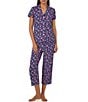 Color:Multi Floral - Image 1 - Short Sleeve Notch Collar Jersey Knit Multi Floral Cropped Pant Pajama Set