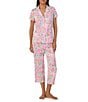Color:Multi Floral - Image 1 - Short Sleeve Notch Collar Knit Multi Floral Capri Pajama Set