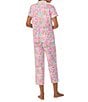 Color:Multi Floral - Image 2 - Short Sleeve Notch Collar Knit Multi Floral Capri Pajama Set