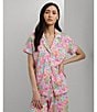 Color:Multi Floral - Image 5 - Short Sleeve Notch Collar Knit Multi Floral Capri Pajama Set
