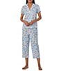 Color:Blue Floral - Image 1 - Short Sleeve Notch Collar Woven Floral Cropped Pant Pajama Set