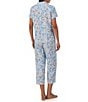 Color:Blue Floral - Image 2 - Short Sleeve Notch Collar Woven Floral Cropped Pant Pajama Set