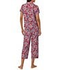 Color:Red Print - Image 2 - Short Sleeve Notch Collar Woven Paisley Cropped Pant Pajama Set