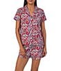 Color:Red Print - Image 1 - Short Sleeve Notch Collar Woven Paisley Shorty Pajama Set
