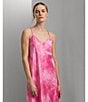 Color:Dark Pink Print - Image 6 - Strappy V-Neck Satin Tie-Dye Nightgown