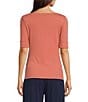 Color:Pink Mahogany - Image 2 - Stretch Cotton Blend Boat Neck Short Rolled Sleeve Shirt