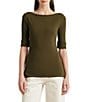Color:Green - Image 1 - Stretch Cotton Blend Boat Neck Short Rolled Sleeve Shirt
