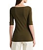 Color:Green - Image 2 - Stretch Cotton Blend Boat Neck Short Rolled Sleeve Shirt