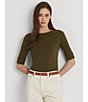 Color:Green - Image 4 - Stretch Cotton Blend Boat Neck Short Rolled Sleeve Shirt