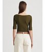 Color:Green - Image 5 - Stretch Cotton Blend Boat Neck Short Rolled Sleeve Shirt