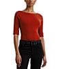 Lauren Ralph Lauren Stretch Cotton Boatneck Elbow-Length Sleeve T-Shirt, Color:Madison Red - Image 1