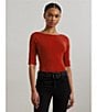 Lauren Ralph Lauren Stretch Cotton Boatneck Elbow-Length Sleeve T-Shirt, Color:Madison Red - Image 4