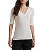 Lauren Ralph Lauren Stretch Cotton V-Neck Elbow Length Sleeve T-Shirt, Color:White - Image 1