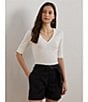 Lauren Ralph Lauren Stretch Cotton V-Neck Elbow Length Sleeve T-Shirt, Color:White - Image 4