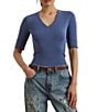 Lauren Ralph Lauren Stretch Cotton V-Neck Elbow Sleeve Tee Shirt, Color:Capri Blue - Image 1