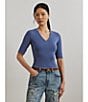 Lauren Ralph Lauren Stretch Cotton V-Neck Elbow Sleeve Tee Shirt, Color:Capri Blue - Image 4
