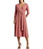 Color:Pink Mahogany - Image 1 - Stretch Faux Wrap Surplice V-Neck 3/4 Sleeve A-Line Midi Dress