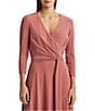 Color:Pink Mahogany - Image 3 - Stretch Faux Wrap Surplice V-Neck 3/4 Sleeve A-Line Midi Dress