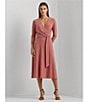 Color:Pink Mahogany - Image 4 - Stretch Faux Wrap Surplice V-Neck 3/4 Sleeve A-Line Midi Dress