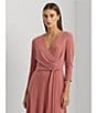 Color:Pink Mahogany - Image 6 - Stretch Faux Wrap Surplice V-Neck 3/4 Sleeve A-Line Midi Dress