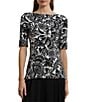 Lauren Ralph Lauren Stretch Knit Embroidered Floral Boat Neck Elbow Sleeve Tee, Color:Winter Cream/Black - Image 1