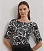 Lauren Ralph Lauren Stretch Knit Embroidered Floral Boat Neck Elbow Sleeve Tee, Color:Winter Cream/Black - Image 4