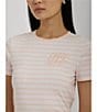 Color:White/Pink Opal - Image 4 - Stretch Stripe Embroidered Chest Crew Neck Short Sleeve Tee Shirt