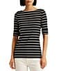 Color:Black Multi - Image 1 - Stripe Stretch Boat Neck Short Sleeve Shirt