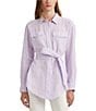 Color:Wild Lavender/White - Image 1 - Striped Belted Point Collar Long Sleeve Button Down Shirt