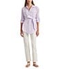 Color:Wild Lavender/White - Image 3 - Striped Belted Point Collar Long Sleeve Button Down Shirt