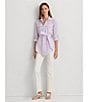 Color:Wild Lavender/White - Image 4 - Striped Belted Point Collar Long Sleeve Button Down Shirt