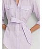 Color:Wild Lavender/White - Image 5 - Striped Belted Point Collar Long Sleeve Button Down Shirt