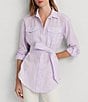 Color:Wild Lavender/White - Image 6 - Striped Belted Point Collar Long Sleeve Button Down Shirt